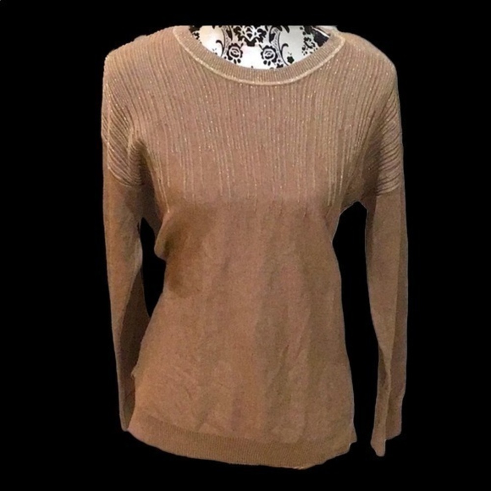 ALFANI Womens Brown Glitter Long Sleeve Crew Neck Sweater